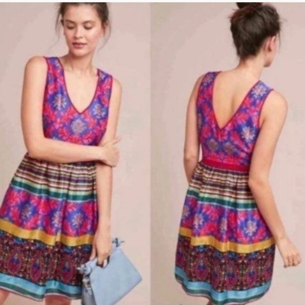 Vibrant Pink Multicolor Sleeveless V-Neck Dress